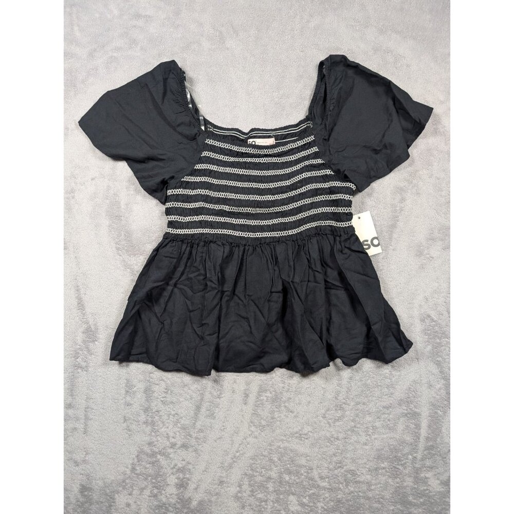 SO Womens Smocked Peplum Top Blouse Size Medium Black Puff Sleeve Boho